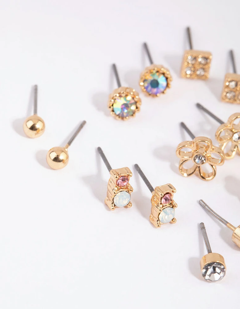 Gold Flower & Diamante Stud Earring Pack