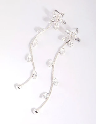 Silver Cubic Zirconia Flower Vine Drop Earrings