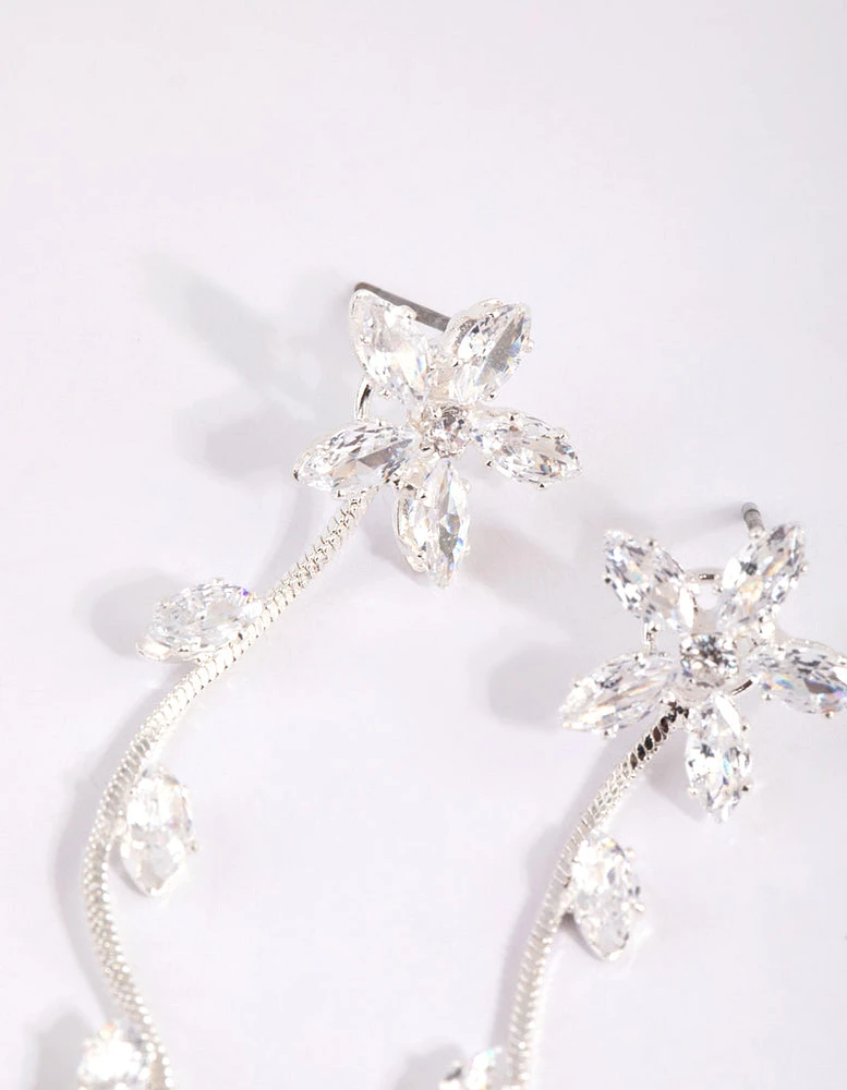 Silver Cubic Zirconia Flower Vine Drop Earrings