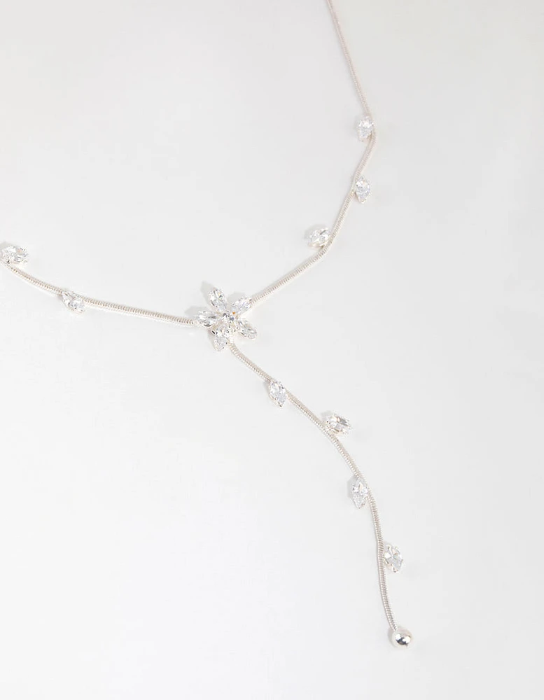 Silver Cubic Zirconia Flower Vine Y Necklace