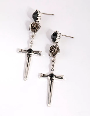 Antique Silver Rose & Sword Drop Earrings