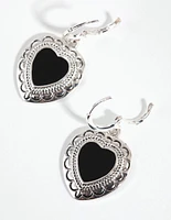 Antique Silver Enamel Centre Heart Earrings