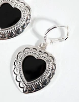 Antique Silver Enamel Centre Heart Earrings