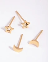 Gold Plated Surgical Steel Celestial Stud Earring Set