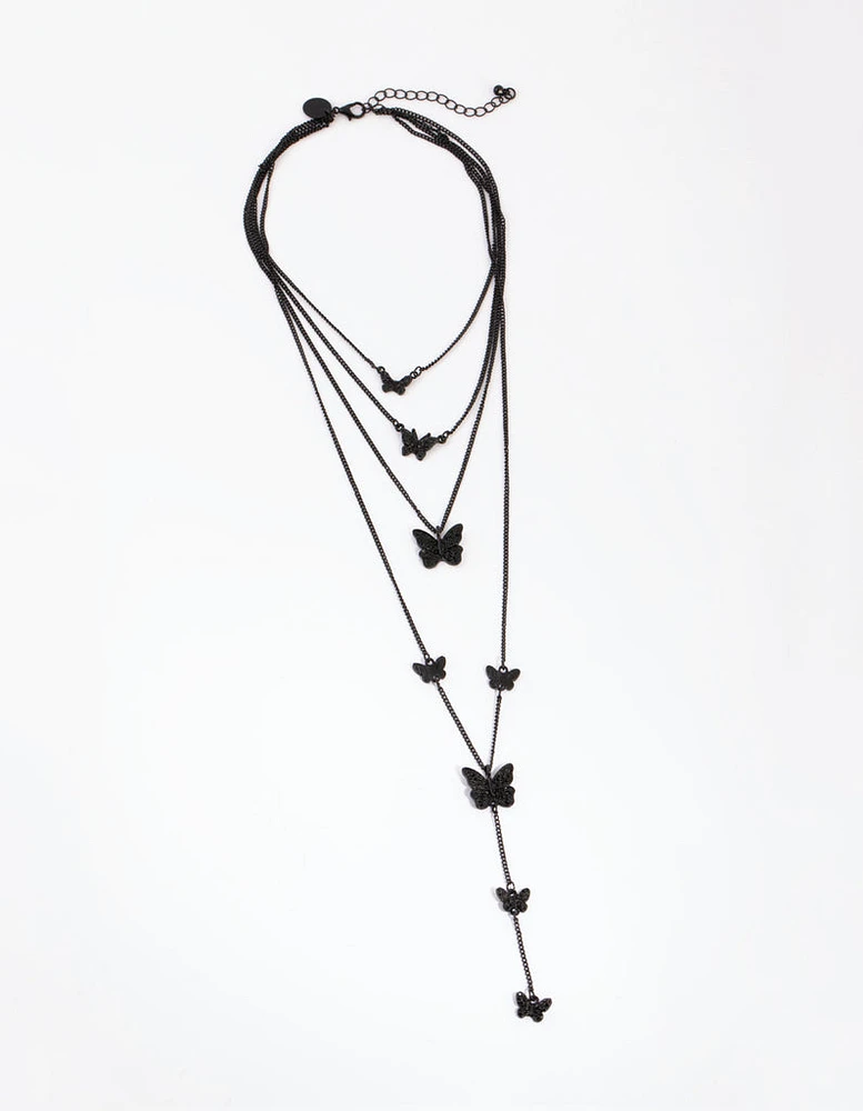 Matte Black Butterfly Layered Necklace