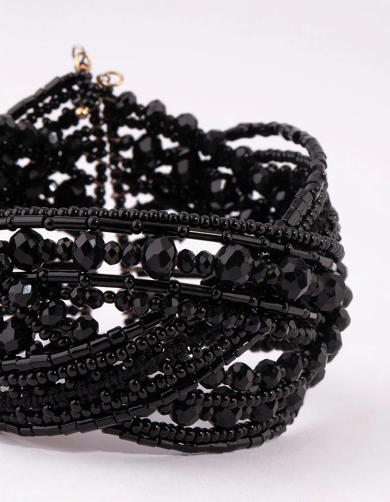 Matte Black Beaded Cuff Bangle