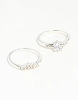 Silver Plated Round Cubic Zirconia Ring Set