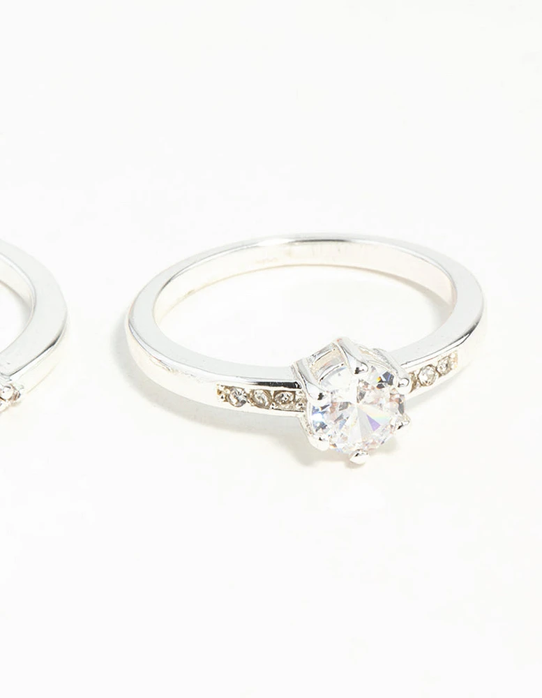 Silver Plated Round Cubic Zirconia Ring Set