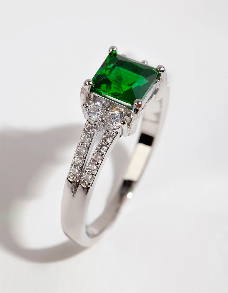 Silver Square Emerald Cubic Zirconia Ring