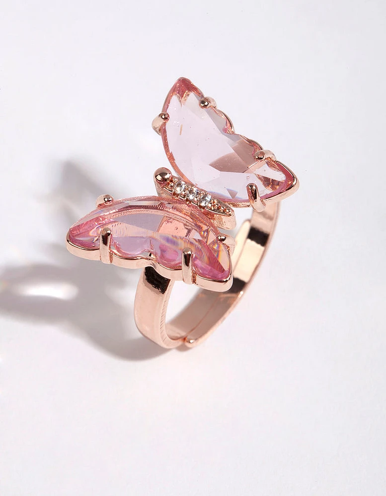 Rose Gold Pink Glass Butterfly Ring