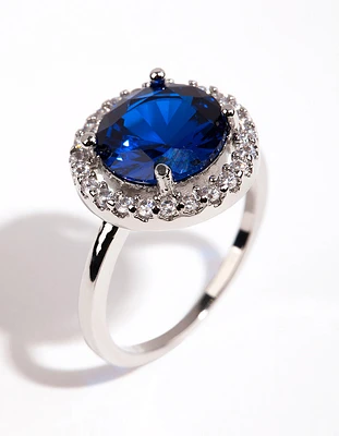 Rhodium Sapphire Cubic Zirconia Halo Ring