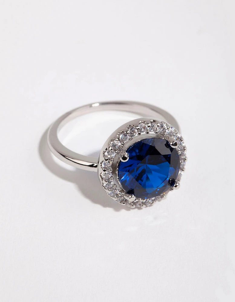 Rhodium Sapphire Cubic Zirconia Halo Ring