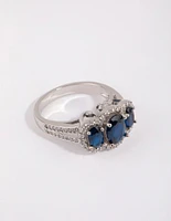 Rhodium Sapphire Cubic Zirconia Triple Stone Ring