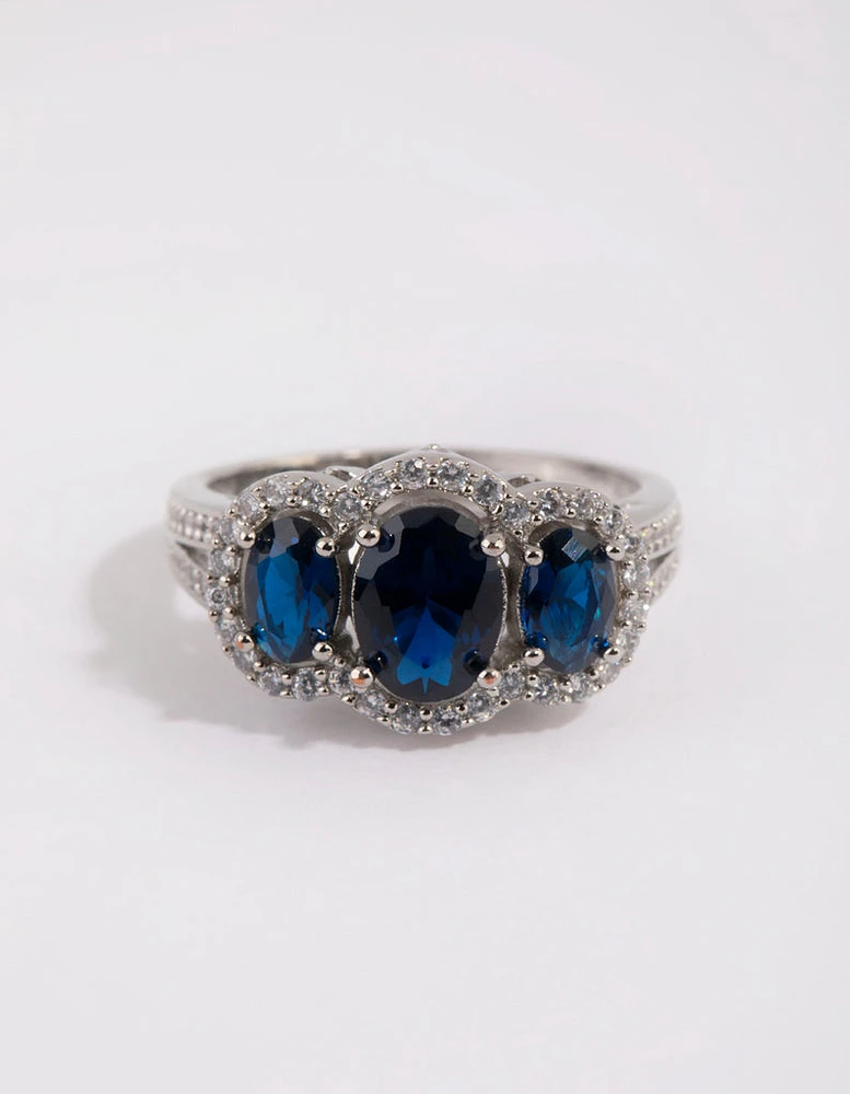 Rhodium Sapphire Cubic Zirconia Triple Stone Ring