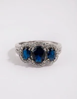 Rhodium Sapphire Cubic Zirconia Triple Stone Ring