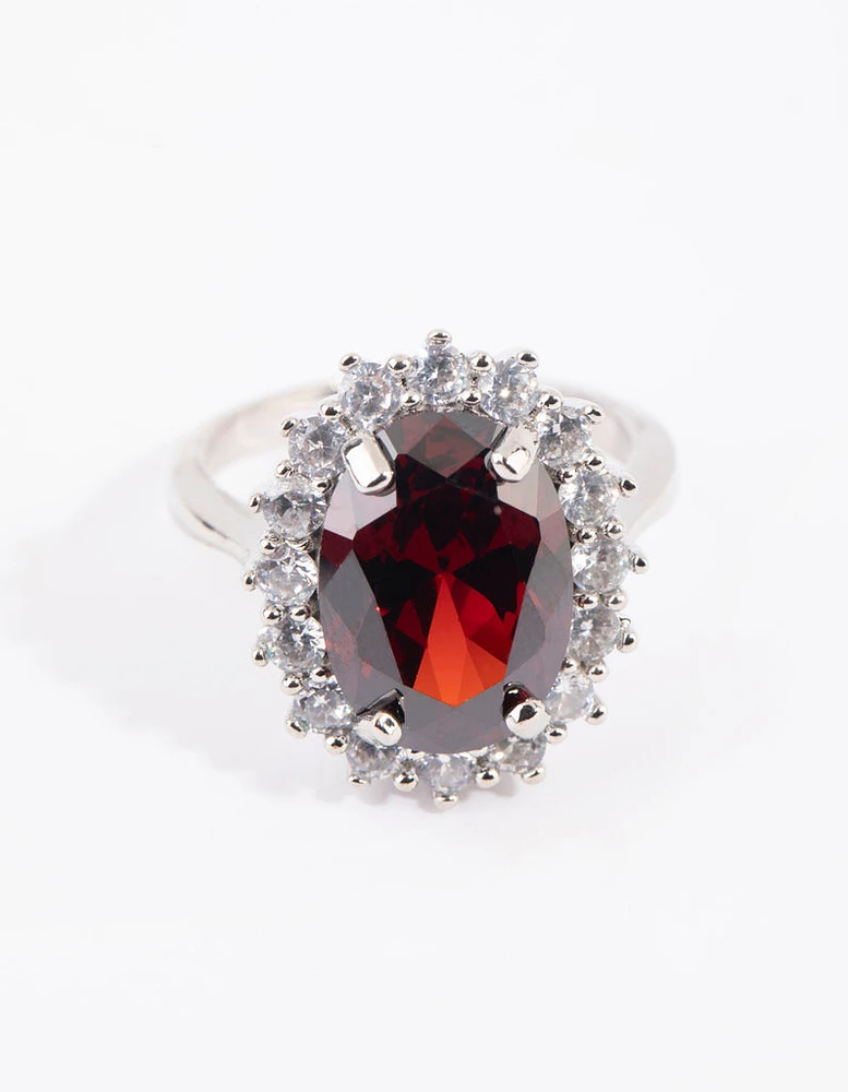 Rhodium Ruby Cubic Zirconia Oval Ring