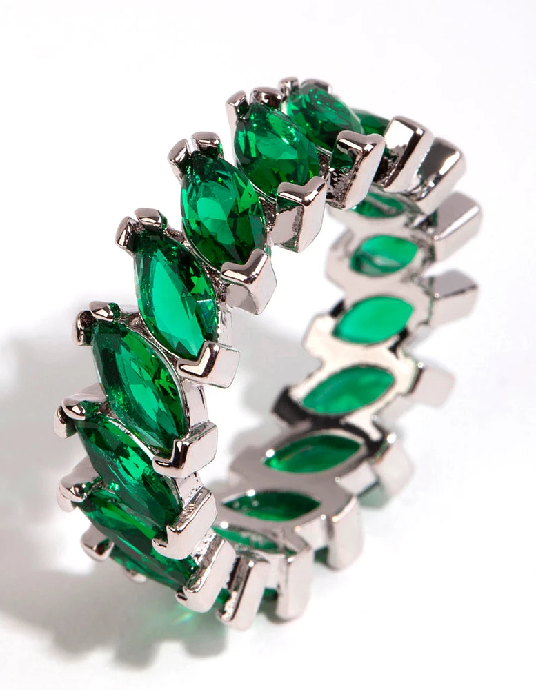 Rhodium Emerald Cubic Zirconia Navette Ring