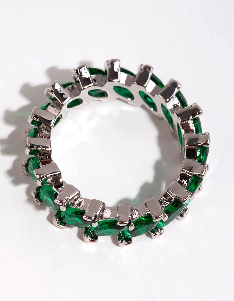 Rhodium Emerald Cubic Zirconia Navette Ring