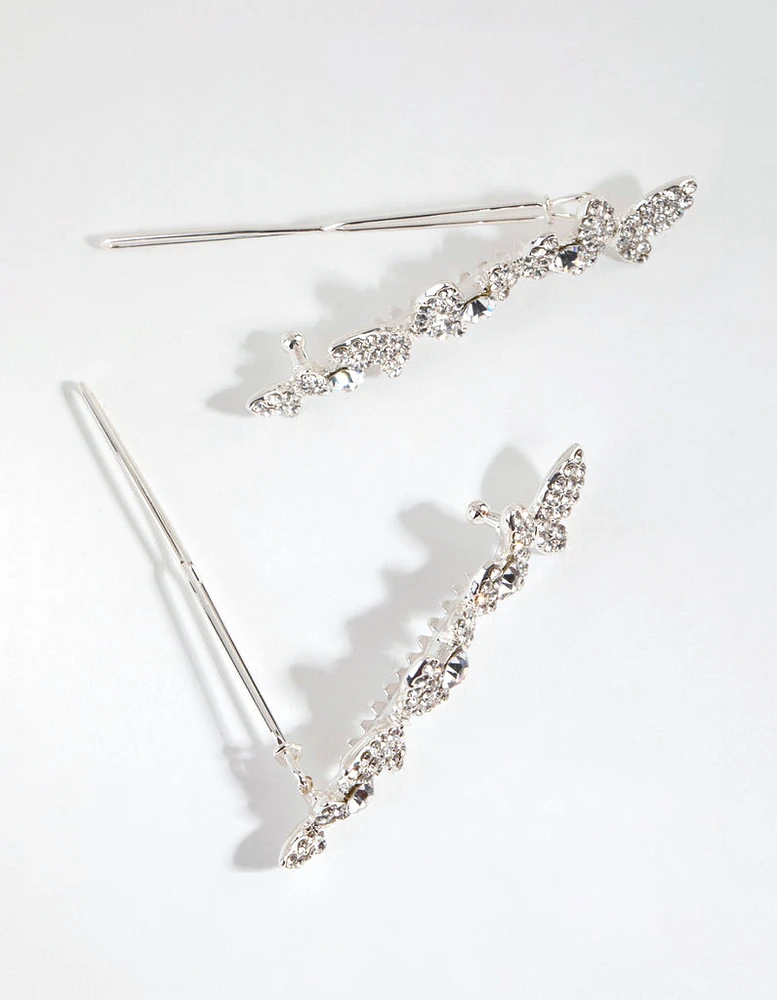 Silver Crystal Butterfly Clips