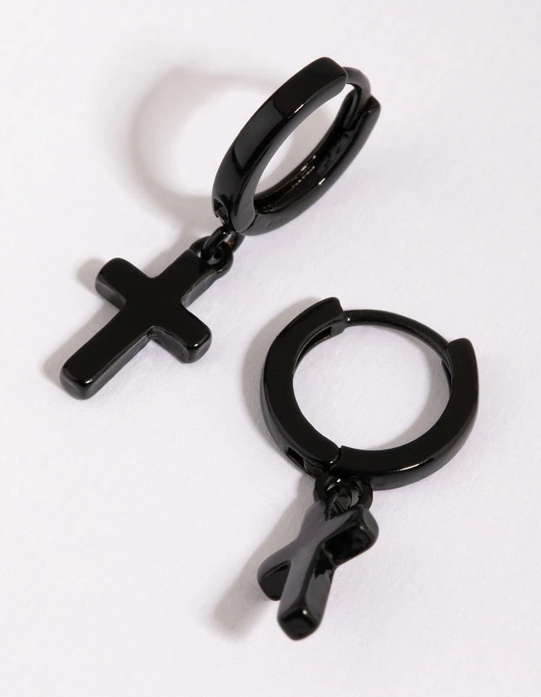 Black Brass Cross Huggie Earring