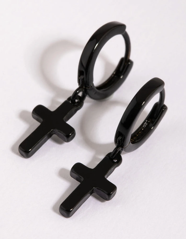 Black Brass Cross Huggie Earring