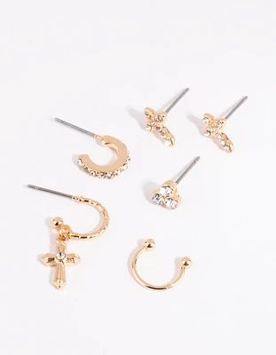 Gold Cross & Diamante Ear Cuff Stack 6-Pack