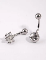 Surgical Steel Flower Diamante Belly Bar Set