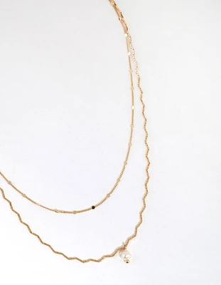 Gold Plated Wave Chain & Freshwater Pearl Layered Necklace