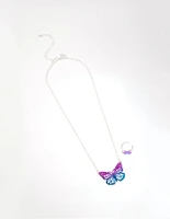 Kids Silver Butterfly Stamp Necklace & Ring Set