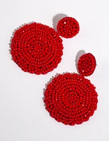 Red Beaded Flat Circle Drop Earrings