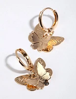 Gold Double Butterfly Stamp Huggie Earrings