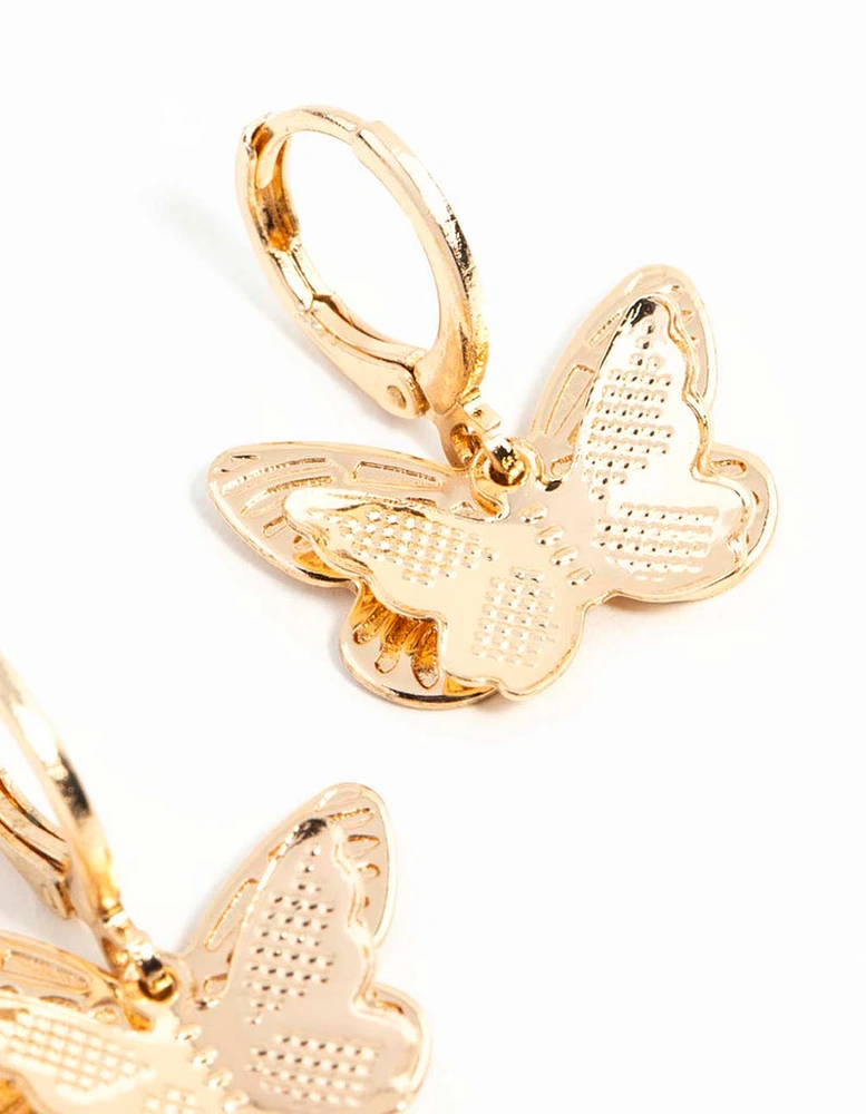 Gold Double Butterfly Stamp Huggie Earrings