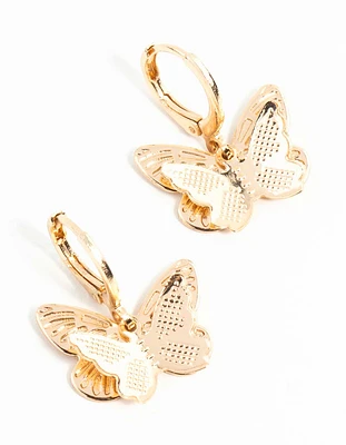 Gold Double Butterfly Stamp Huggie Earrings