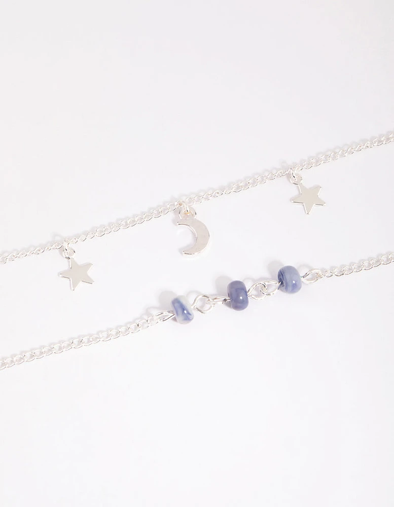 Blue Beaded Celestial Charm Bracelet Set