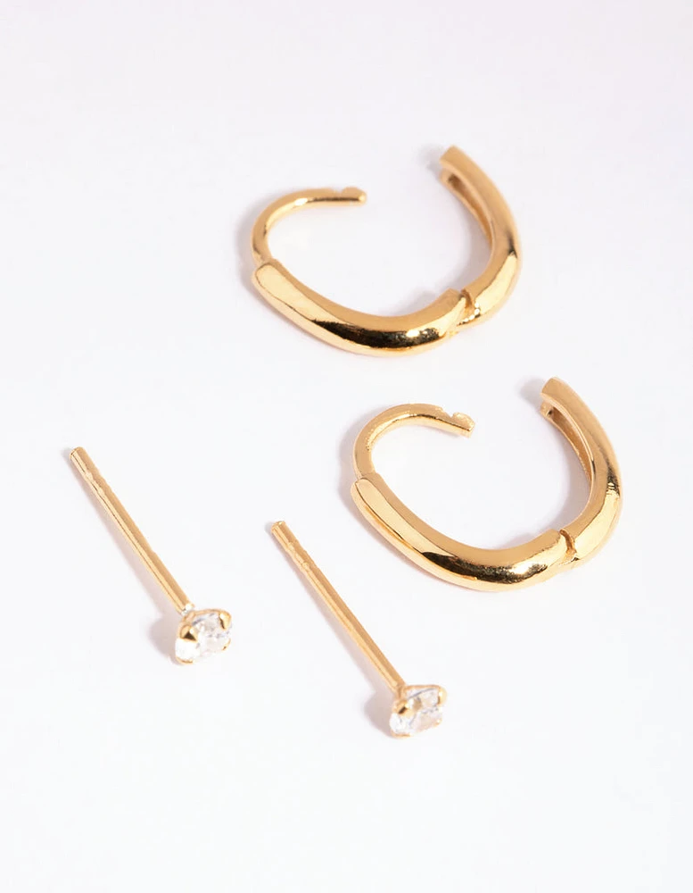 Gold Plated Sterling Silver Diamante & Oval Huggie Earring Pack