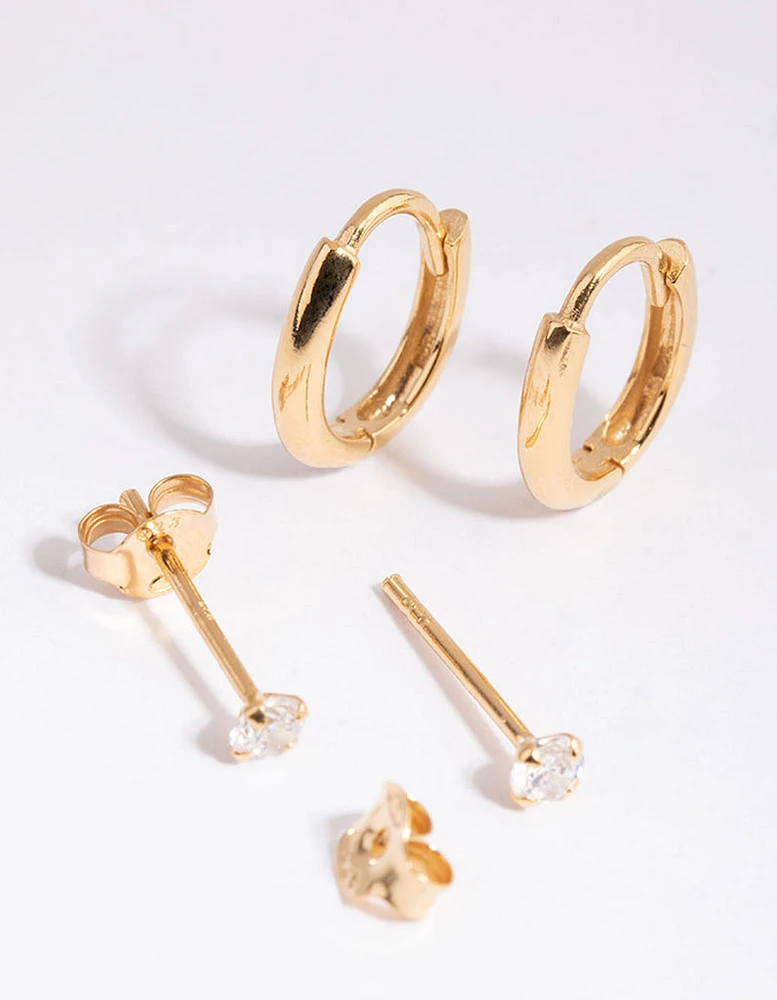 Gold Plated Sterling Silver Diamante & Oval Huggie Earring Pack