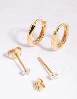 Gold Plated Sterling Silver Diamante & Oval Huggie Earring Pack