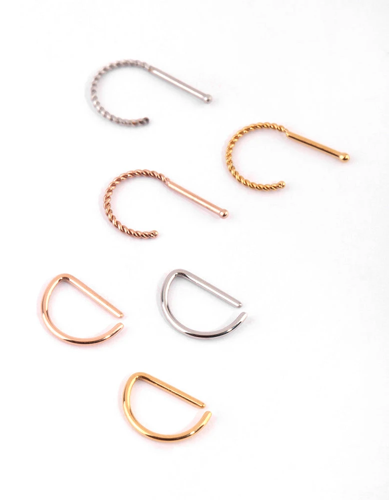 Surgical Steel Mixed Metal Textured Nose Piercing 6-Pack