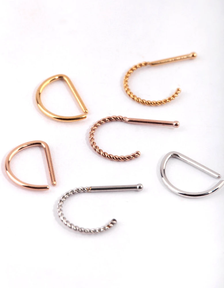 Surgical Steel Mixed Metal Textured Nose Piercing 6-Pack