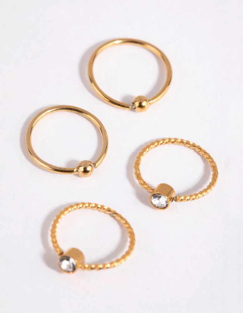 Gold Plated Surgical Steel Textured Diamante Nose Ring 4-Pack