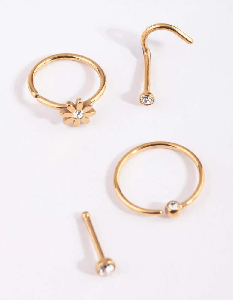 Gold Plated Surgical Steel Flower & Diamante Nose Stud 4-Pack