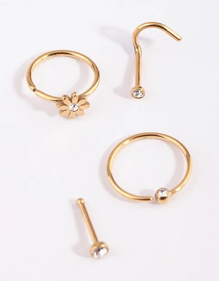 Gold Plated Surgical Steel Flower & Diamante Nose Stud 4-Pack