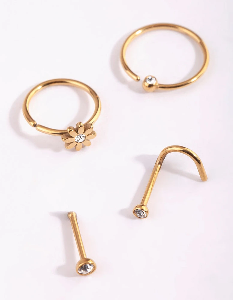 Gold Plated Surgical Steel Flower & Diamante Nose Stud 4-Pack