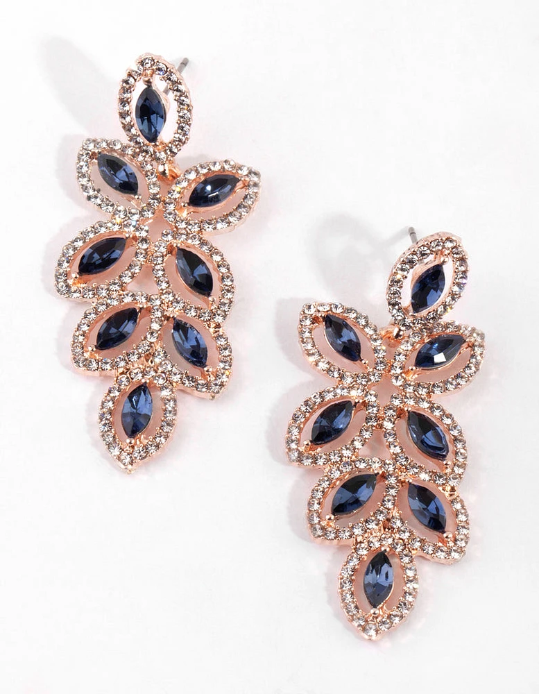 Navy Flower Diamante Drop Earrings