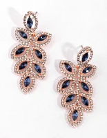 Navy Flower Diamante Drop Earrings