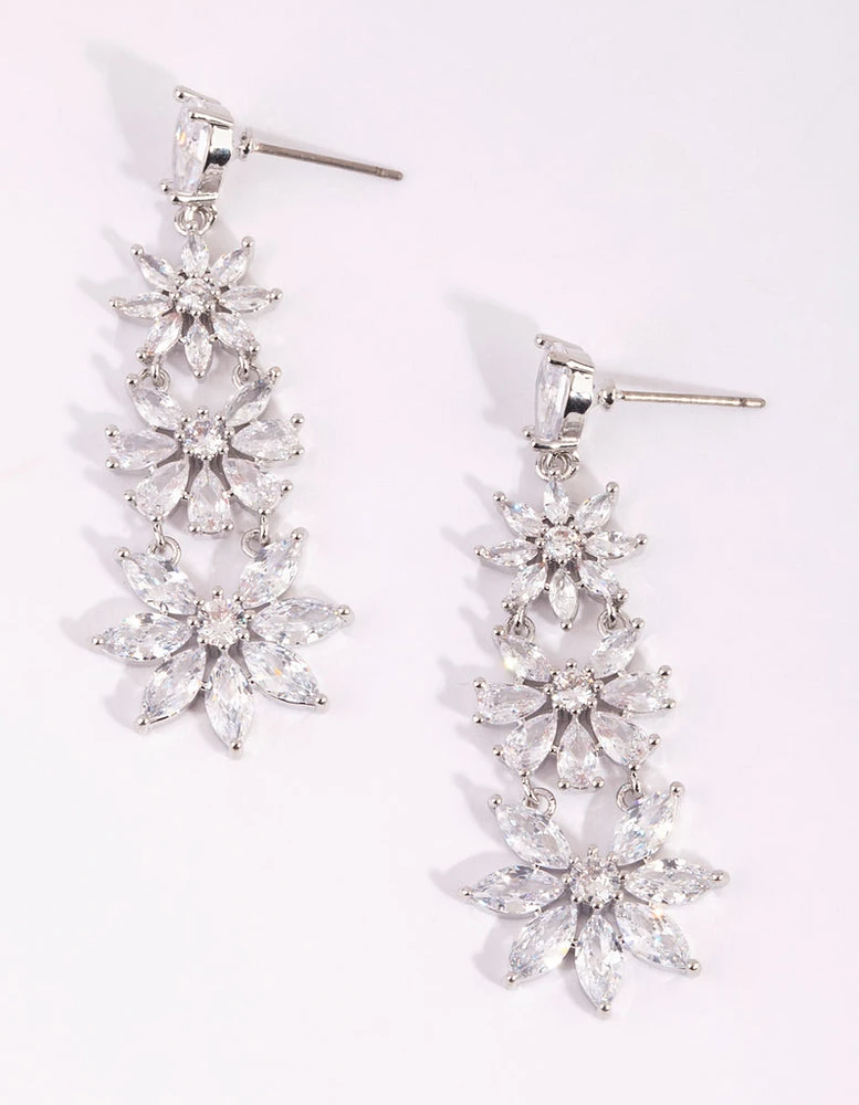 Rhodium Cubic Zirconia Flower Drop Earrings