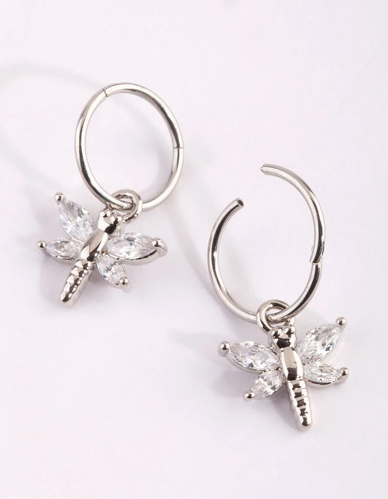 Surgical Steel Cubic Zirconia Dragonfly Hoop Earrings