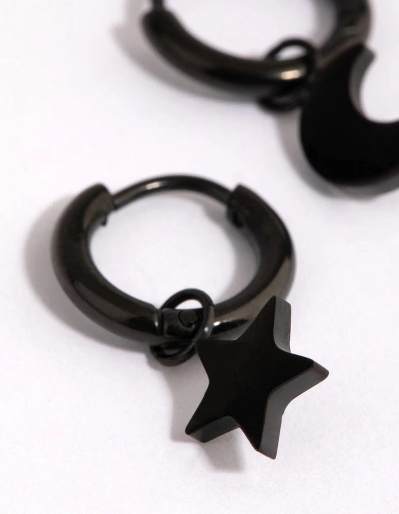 Matte Black Surgical Steel Celestial Huggie Earrings