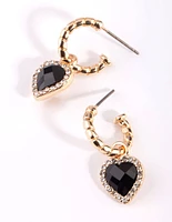 Gold Black Diamante Heart Huggie Earrings