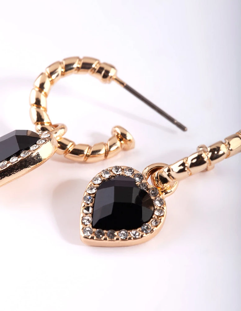 Gold Black Diamante Heart Huggie Earrings